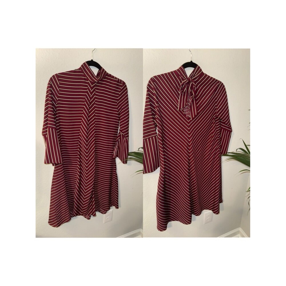 1.4.3. Story by Line Up Burgundy & White Striped Bow-Neck Midi Dress